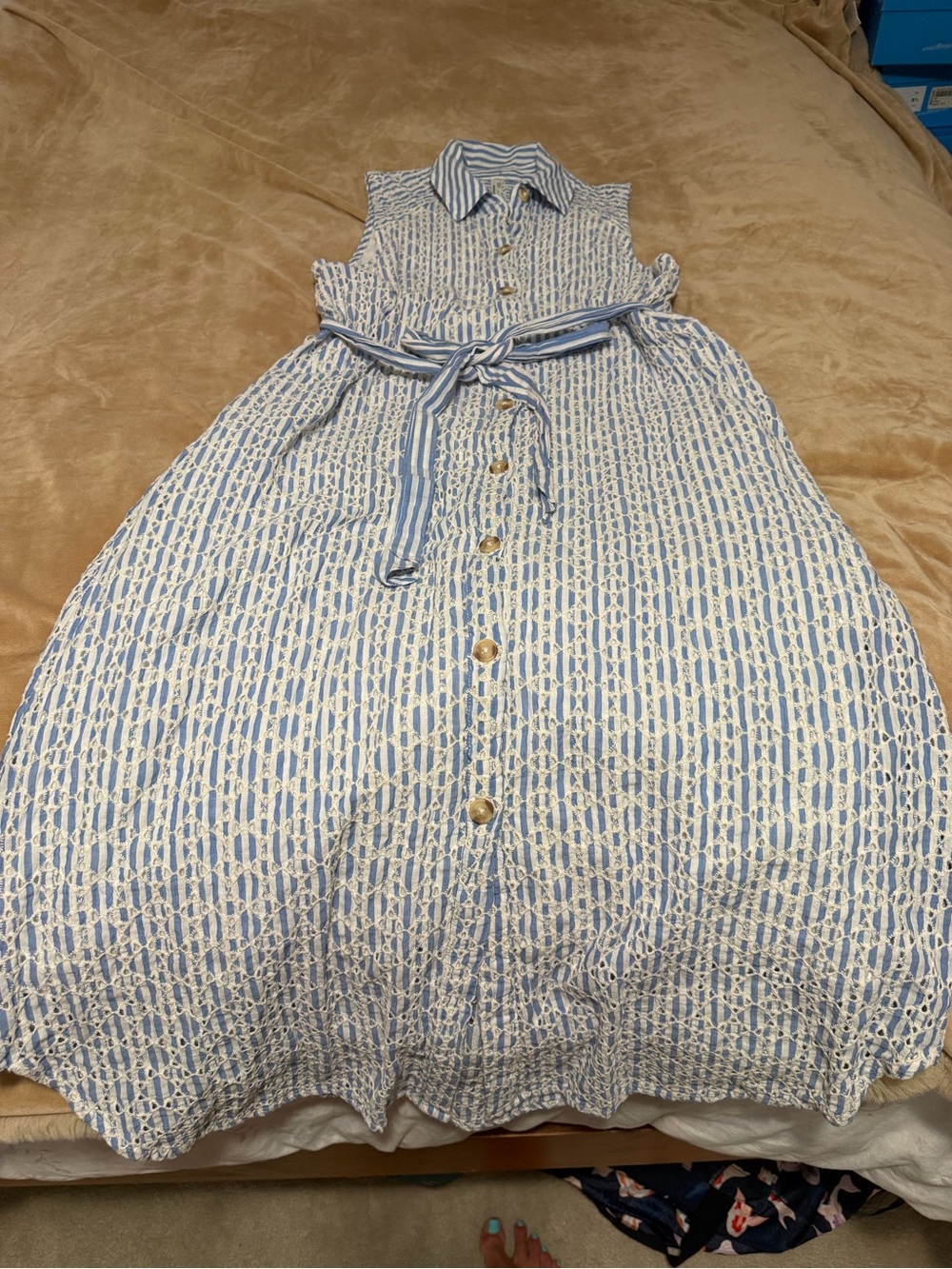 Anthropologie Kismet Sleeveless Blue Striped Eyelet Shirt Dress -Women’s 8 - Picture 4 of 6